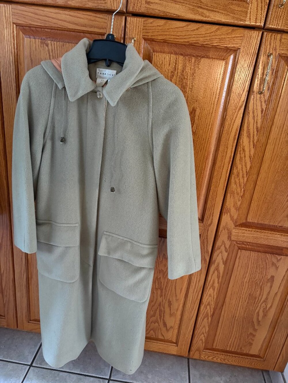Paradox Long Coat Green Detach Hood 6P Lined 80% Wool Matching Gloves 43" long